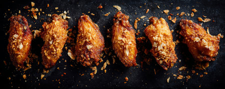 Crispy fried chicken wings arranged in row on dark surface with crunchy garlic flakes scattered around, creating savory and appetizing lookの素材