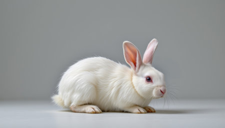 White rabbit with pink ears sitting on gray surface looking alert and calm in soft natural lightの素材