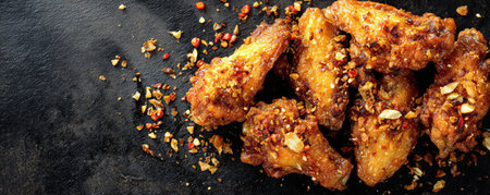 Crispy fried chicken wings seasoned with crushed garlic and chili flakes on dark textured surface, offering spicy and savory flavorの素材