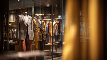 Fashion jacket mannequin store display with elegant clothing and warm lighting creating cozy shopping atmosphereの素材