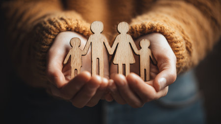 Wooden family figures held in hands symbolizing protection and care with warm clothing in soft focus backgroundの素材