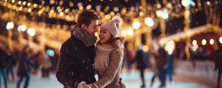 Couple enjoying winter ice skating outdoors with warm clothing and festive lights creating joyful and romantic atmosphereの素材