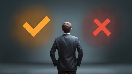 Man in suit facing glowing check mark and cross symbol representing decision making and choiceの素材
