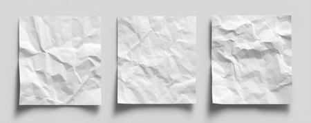 Crumpled white paper sheets with shadows on light surface, showing texture and detail in minimalistic styleの素材