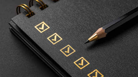 Checklist with golden check marks on black notebook and black pencil for task completion and organization conceptの素材
