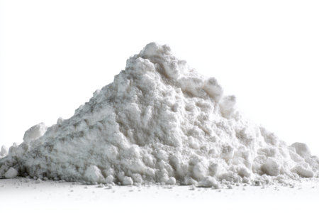 Powdered white substance heap on white background with soft texture and fine granules, creating clean and pure appearanceの素材