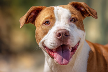 Happy brown and white dog with collar sitting outdoors on sunny day with blurred backgroundの素材