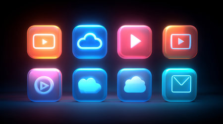Neon glowing media and cloud icons in colorful square buttons on dark background, vibrant digital symbols with futuristic light effectの素材