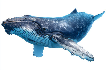 Humpback whale isolated on white background with detailed skin texture and large pectoral fins swimming gracefully underwaterの素材