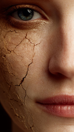 Dry cracked skin on close up of female face with blue eye and natural lips, showing texture and detail of skin conditionの素材