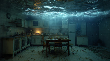 Underwater kitchen scene with old furniture and table covered in debris, creating mysterious and eerie atmosphere with dim lightingの素材