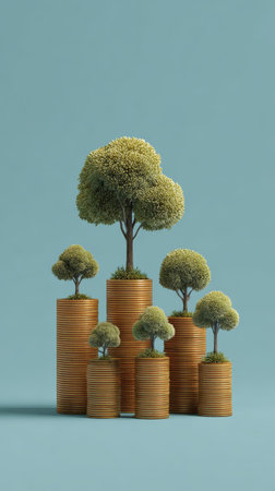 Tree growing on stacked coins symbolizing financial growth and investment with green foliage on blue backgroundの素材
