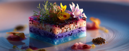 Colorful layered gourmet jelly dessert with edible flowers and herbs on plate, artistic and elegant presentation with vibrant colorsの素材