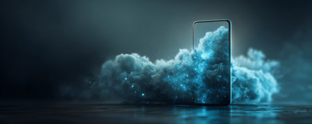Smartphone with glowing blue cloud emerging from screen, futuristic technology concept with dark background and reflective surfaceの素材