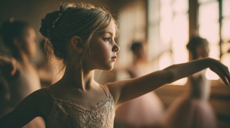 Young girl ballet dancer practicing in studio with soft natural light and focused expressionの素材