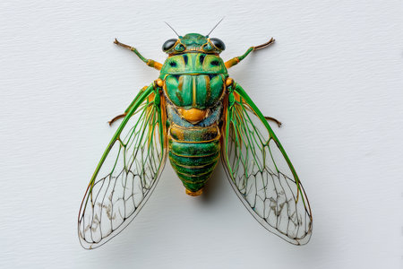 A green cicada insect macro detail transparent wing nature wildlife closeup entomology white background symmetryの素材