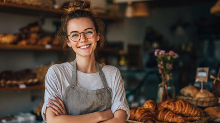 A young woman baker small business bakery smile apron croissant shop owner entrepreneur young woman baker small business bakery smile apronの素材