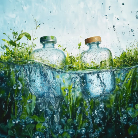 An eco bottle water splash green leaf sustainability recycling environment nature freshness eco bottle water splash green leaf sustainabilityの素材