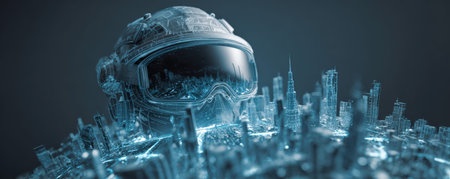 A futuristic helmet virtual reality cyber city digital skyline neon glow hologram sci fi technology innovation cyberspace futuristic helmet virtualの素材