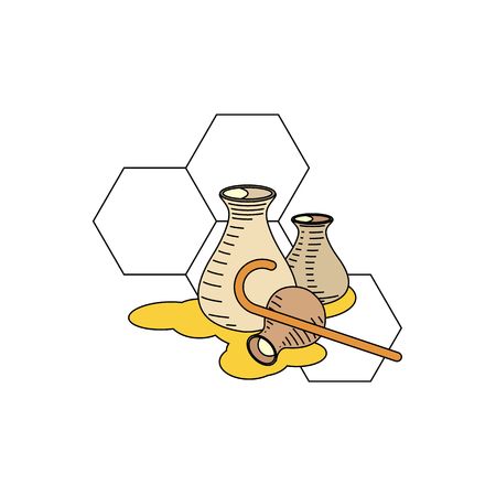 Cartoon natural honey in jars with stick and honeycomb isolated on the white background.のイラスト素材
