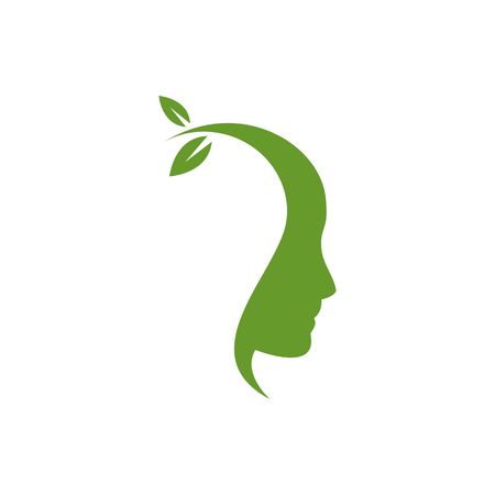 Think green ecological head with leave growing from head silhouette illustration isolated on white background.のイラスト素材