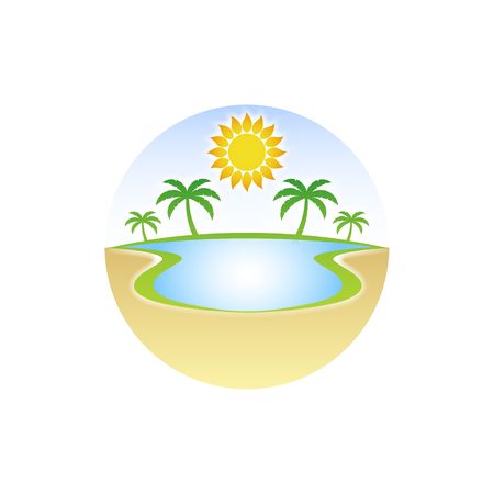 Oasis in the desert with water palm tree and sun illustration isolated on white background.のイラスト素材