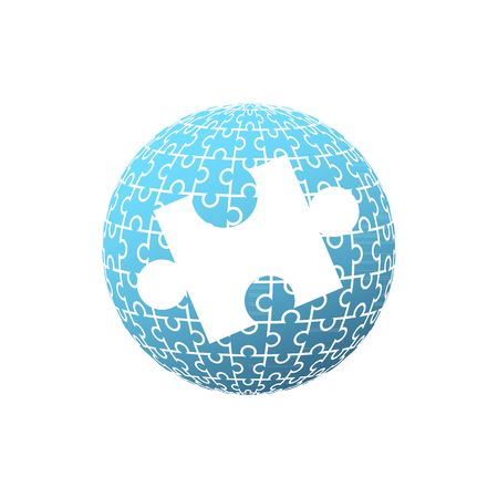 Blue puzzle globe with one big white puzzle in the middle illustration isolated on white background.のイラスト素材