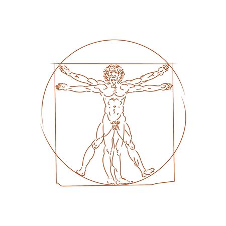 The Vitruvian man detailed drawing on the basis of artwork by Leonardo da Vinci (executed circa in 1490) by ancient manuscript of Roman master Marcus Vitruvius Pollio vector illustration isolated on white background.のイラスト素材