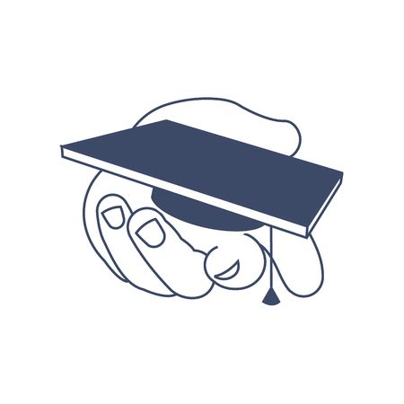 Line drawing hand holding student hat vector illustration isolated on white background.のイラスト素材