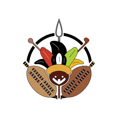 Beautiful colorful zulu tribe sign with mascot and weapons inside circle vector illustration isolated on white background.のイラスト素材