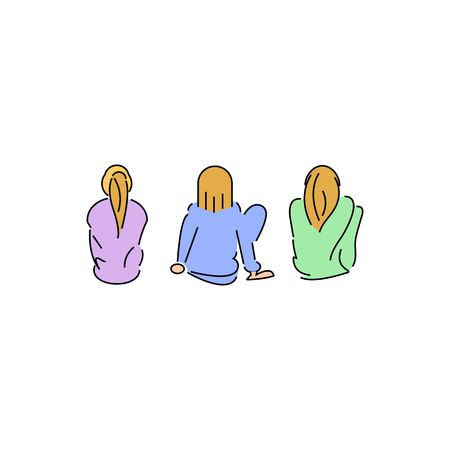 Three line drawing colorful girls vector illustration isolated on white backgroundのイラスト素材