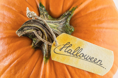 Orange pumpkin with yellow label from top wiev. Halloween background.の写真素材