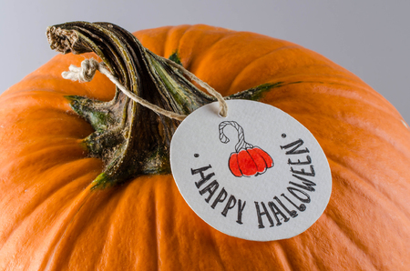 Orange pumpkin with round label on gray background. Halloween background.の写真素材