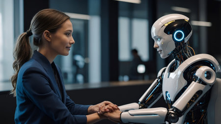 side view of young businesswoman and robot shaking hands in modern officeの写真素材