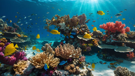 Tropical coral reef with hard corals and tropical fish underwaterの写真素材