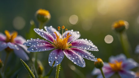 Raindrops on the petals of a daisy flower close-upの写真素材