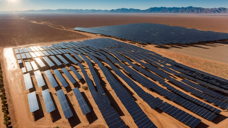 Aerial view of solar power plant in the Sahara desert, Morocco