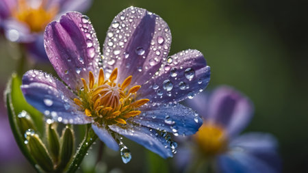 Raindrops on the petals of a purple anemone flowerの写真素材