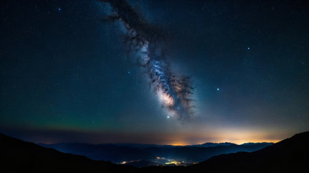 Milky way in the night sky with stars and silhouette of mountains