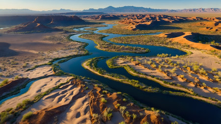 Aerial view of river in a desert valleyの写真素材