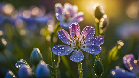 Beautiful spring flowers with dew drops in the morning sunlight.の写真素材