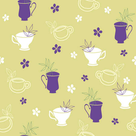 Vector light green garden tea party seamless pattern background. Perfect for fabric, scrapbooking, wallpaper projects, wrap papers.のイラスト素材