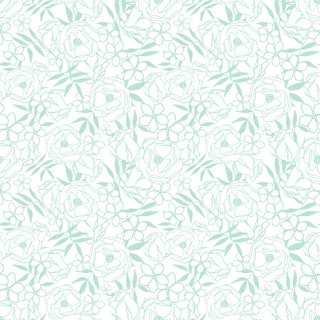 Vector green textured garden tea party seamless pattern background. Perfect for fabric, scrapbooking, wallpaper projects, wrap papers.のイラスト素材