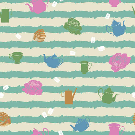 Vector colorful stripe garden tea party seamless pattern background. Perfect for fabric, scrapbooking, wallpaper projects, wrap paper.のイラスト素材