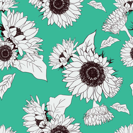 black and white elegance sunflowers in mint background seamless pattern print. Great for stationeries, wrapping paper, floral background, garden, seasonal event projects. Surface pattern design.のイラスト素材
