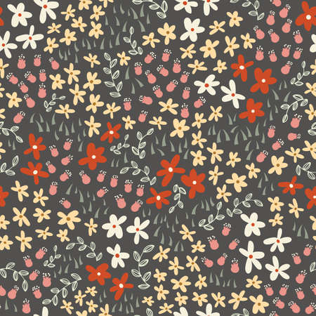 small colorful floral vector art, illustration in dark background seamless pattern print. Great for wedding, stationeries, wrapping paper, floral background, garden, seasonal event projects. Surfaceのイラスト素材