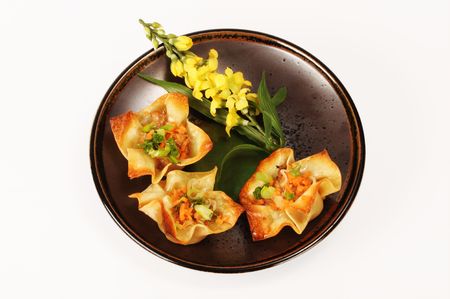 Chinese Wontons in the shape of a open flowerの写真素材