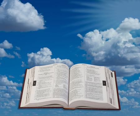 Holy Bible open to the heavens.の写真素材