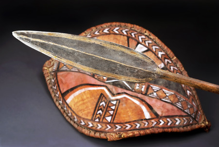 African Maasai spear head on skin shield.の写真素材