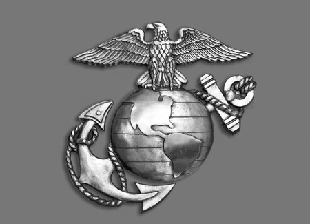 Marine eagle,globe and anchor brass emblem in black and white.の写真素材
